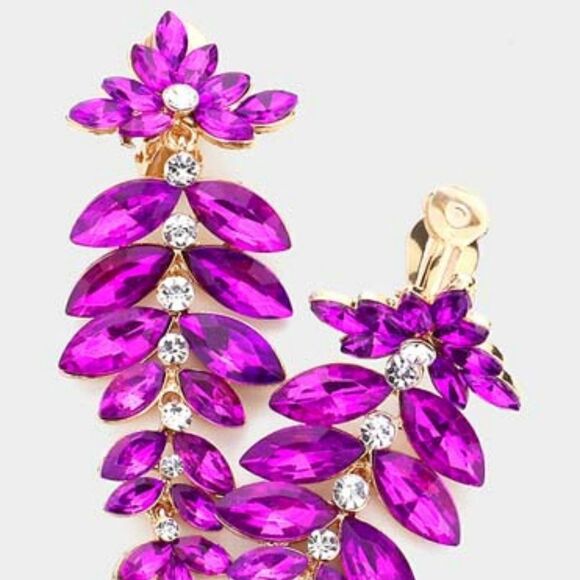 Marquise Purple Colored Stone Vine Evening Gold Clip on Earrings - Picture 2 of 6
